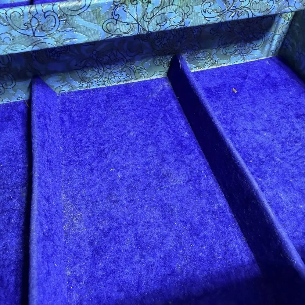 Mid Century Groovy Blue Green Floral Jewelry Box Velvet Lining Dresser Box 14